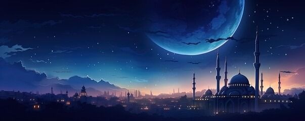 Night sky, celestial moon, and mosque silhouette